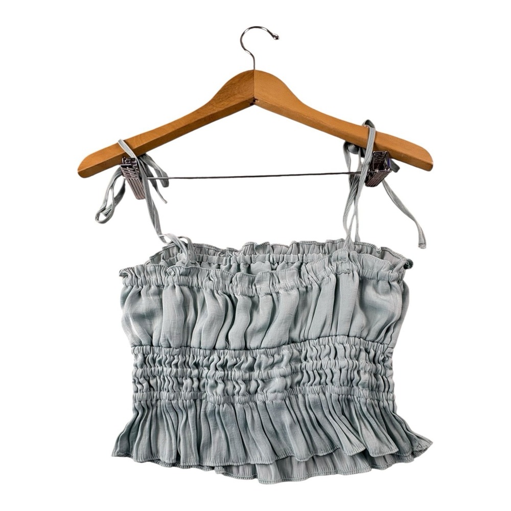 She + Sky Smocked Ruffle Crop Top Blue Green Tie Strap Size Small